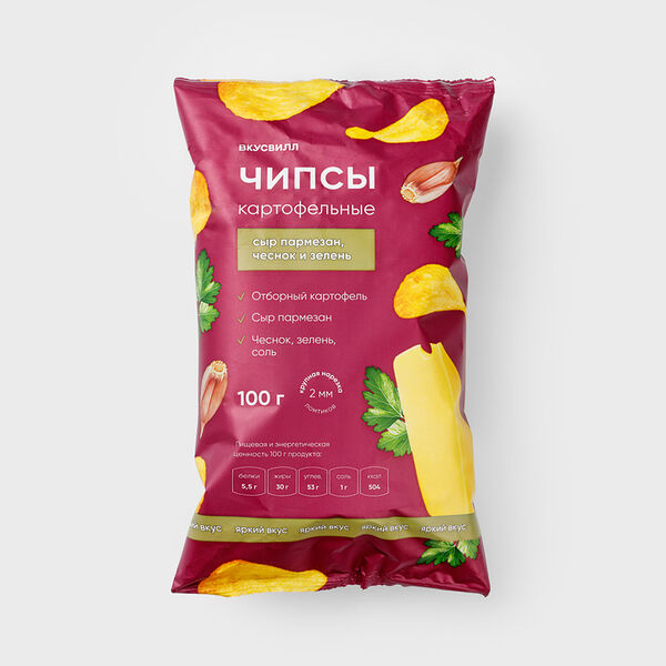 Чипсы картофельные ВкусВилл Сыр пармезан с чесноком и зеленью 100 г