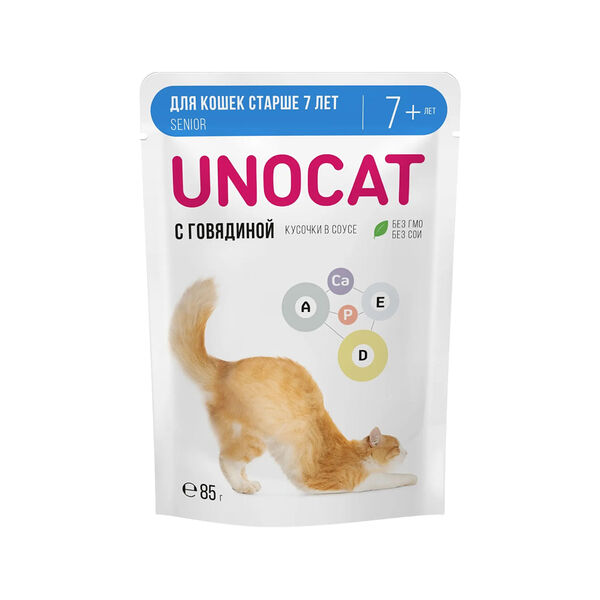 Влажный корм UnoCat для кошек старше 7 лет нежные кусочки с говядиной в соусе 85 г