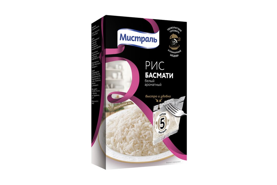 

Рис Мистраль Басмати белый в пакетиках 5 шт. x 80 г, 400 г