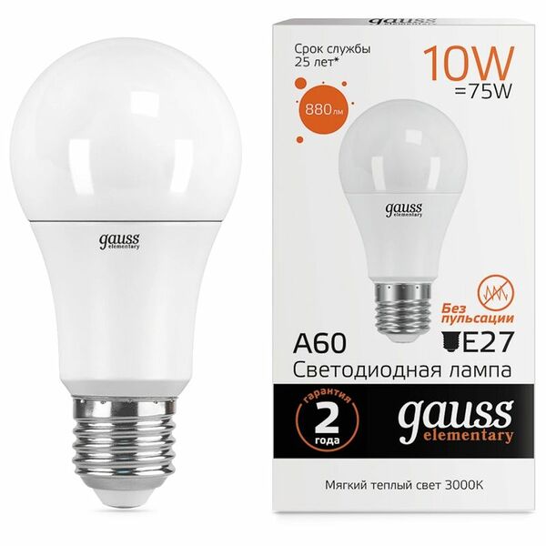 Светодиодная лампа Gauss Elementary LED A60 E27 10W 3000K 23210