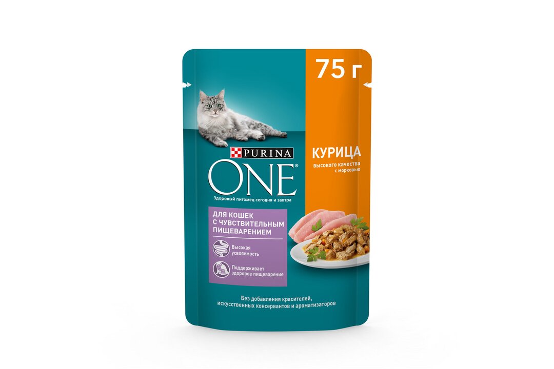 

Влажный корм для кошек Purina One при чувствительном пищеварении Курица и морковь в соусе 75 г