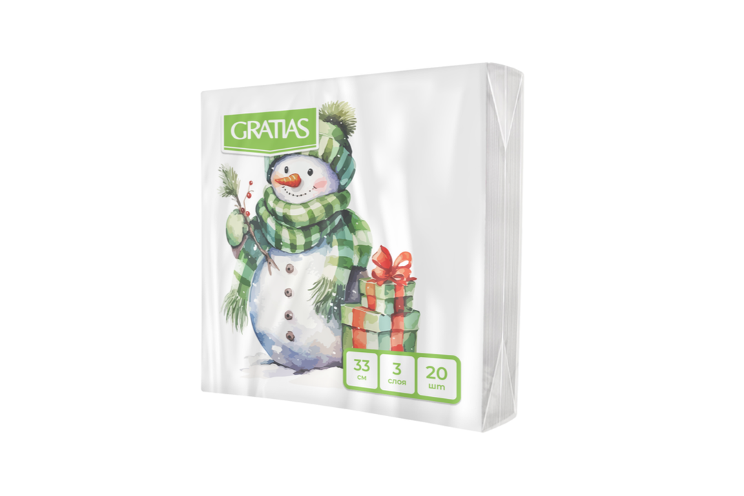 

Салфетки бумажные Gratias Снеговик в зеленой шапке 3-слойные 33x33 см, 20 шт.