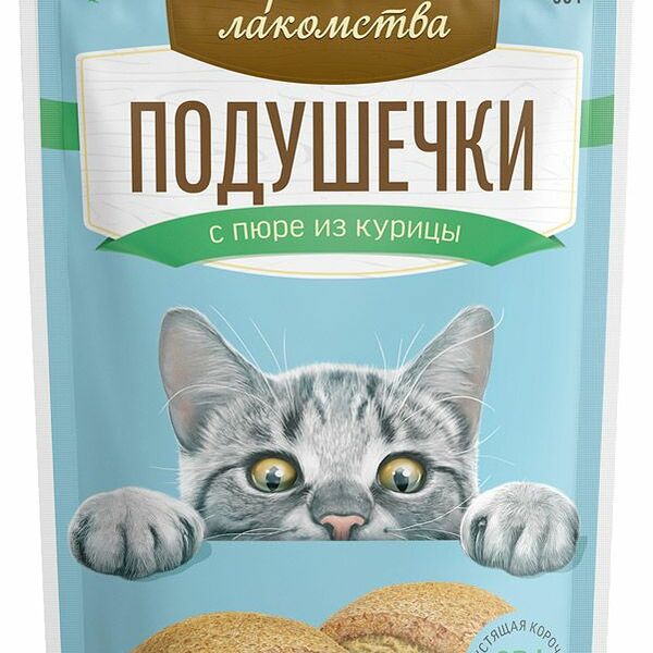 Лакомство для кошек Деревенские лакомства Подушечки с пюре из курицы, 30 г
