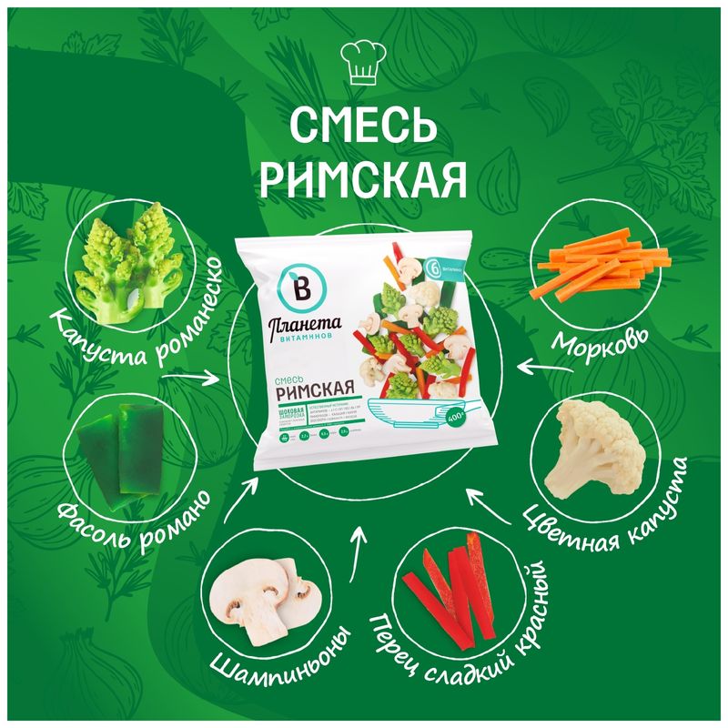 

Смесь овощная Планета Витаминов Римская быстрозамороженная 400 г