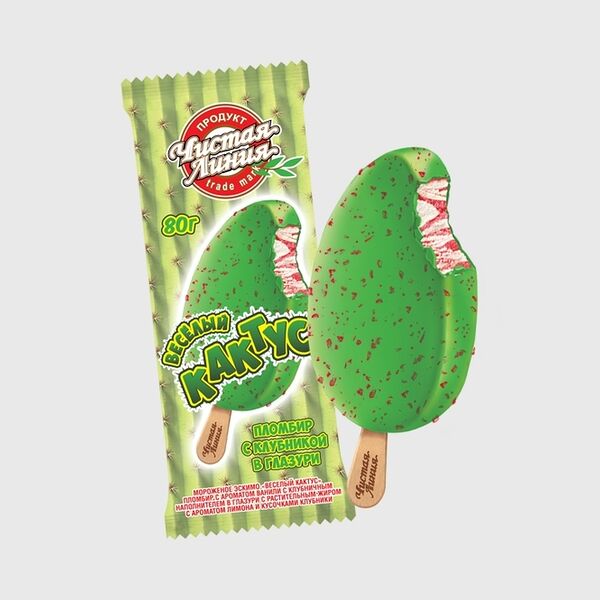 Мороженое Чистая Линия Веселый Кактус эскимо ванильный с клубничным наполнителем в глазури 80 г