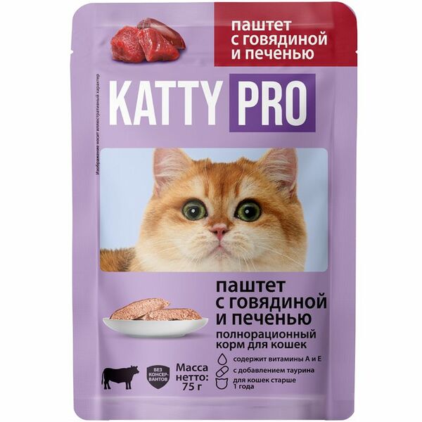 Корм влажный Katty паштет с говядиной и печень для взрослых кошек 75 г