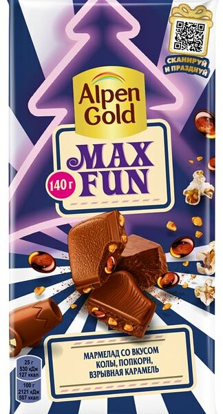 Шоколад Alpen Gold Max Fan Молочный Мармелад со вкусом колы Попкорн Взрывная карамель 140г
