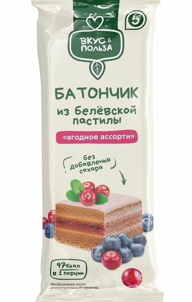 Батончик Вкус&Польза из белевской яблочной пастилы Ягодное ассорти без добавления сахара 35 г