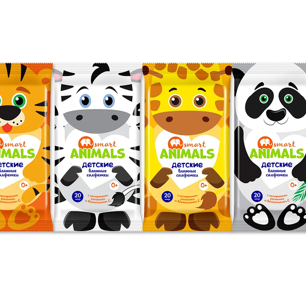 Салфетки влажные детские SMART ANIMALS mix с ромашкой, витамином Е, 20шт, упаковка в ассортименте