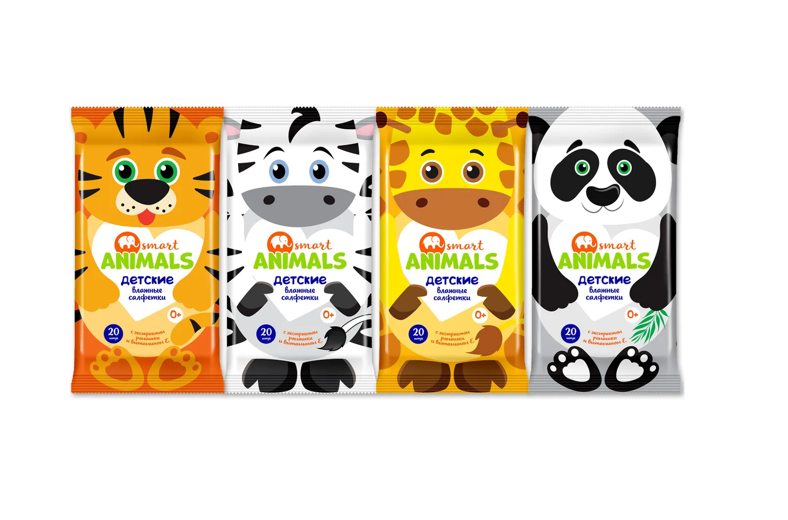 

Салфетки влажные детские Smart Animals mix с ромашкой, витамином Е 20 шт упаковка в ассортименте