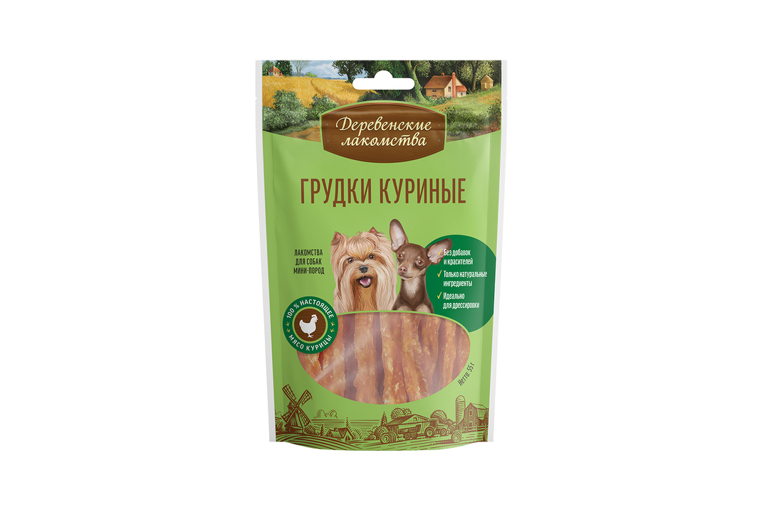 

Лакомство для собак Деревенские лакомства грудки куриные 55 г