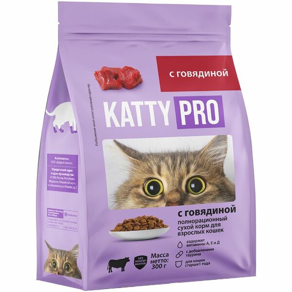 Корм сухой Katty Pro с говядиной для взрослых кошек 300 г