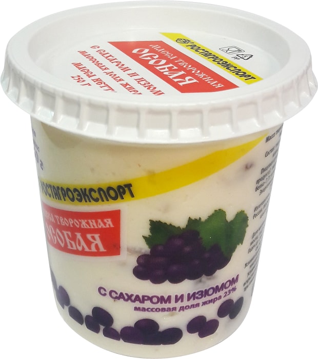 

Масса творожная Особая Ростагроэкспорт с сахаром и изюмом 23% 250 г