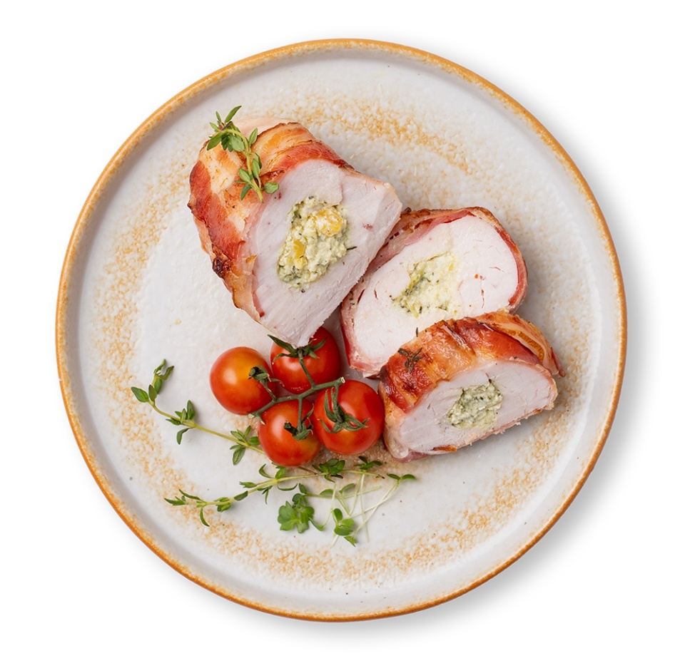 

Рулет Азбука вкуса из филе цыпленка-бройлера в беконе с грушей, курагой и сыром, вес