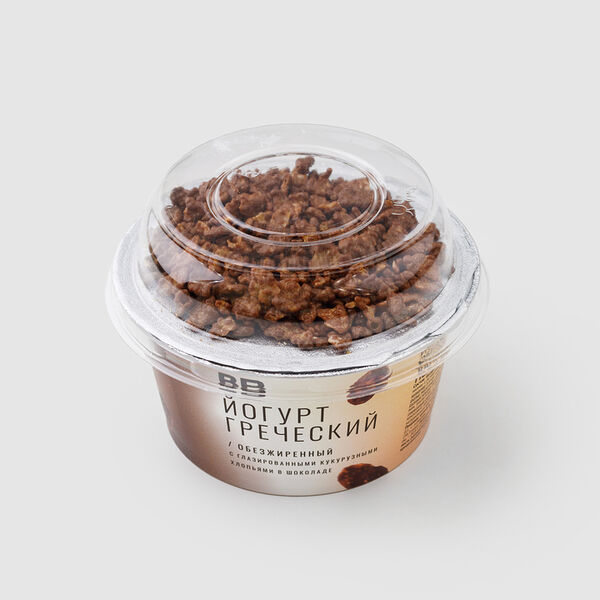 Йогурт греческий обезжир. с хлопьями в шоколаде