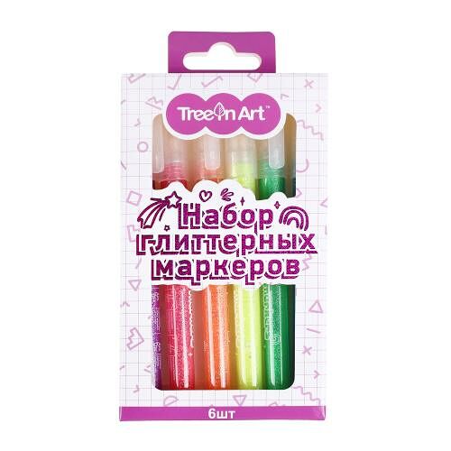 Набор глиттерных маркеров TreeinArt неоновые/металлик 6шт