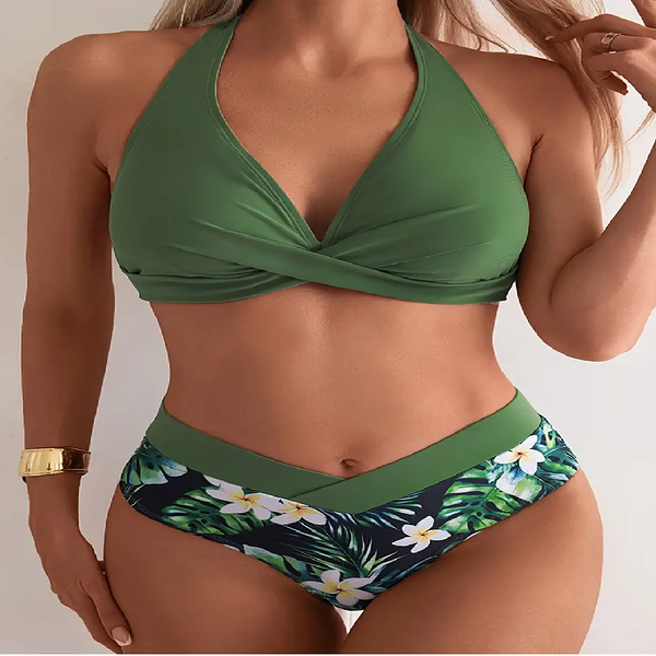 Цветочный принт, зеленый треугольный халтер, завязки на спине, Размер S