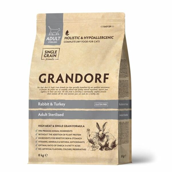 Корм для кошек GRANDORF Cat для стерилизованных, кролик с индейкой 8кг