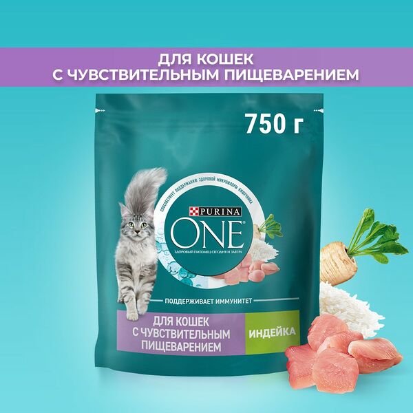 Сухой корм Purina ONE® для взрослых кошек с чувствительным пищеварением и разборчивым вкусом в еде, с высоким содержанием индейки и рисом, Пакет, 750 г