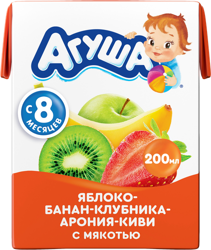 

Детский сок Агуша Яблоко-Банан-Клубника-Арония-Киви с мякотью с 8 месяцев, 200 мл