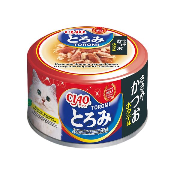 Влажный корм для кошек Inaba Ciao Toromi Куриное филе с тунцом кацуо со вкусом морского гребешка в бульоне 80г