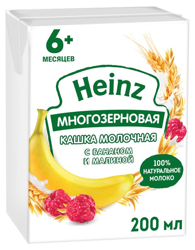 

Кашка многозерновая Heinz с бананом и малиной молочная с 6 месяцев 200 мл