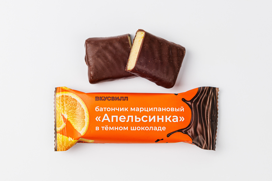 

Батончик марципановый Вкусвилл апельсинка в темном шоколаде, 45г