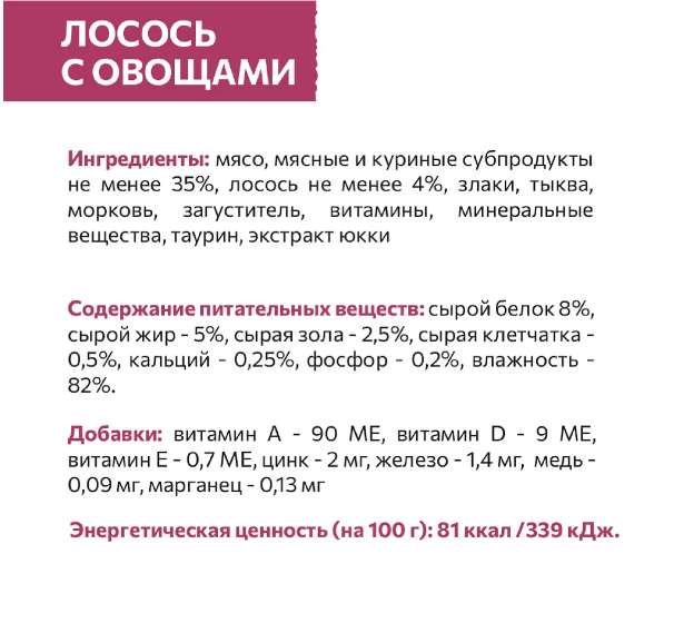 

Влажный корм для кошек Sirius Adult кусочки в соусе лосось с овощами 85 г