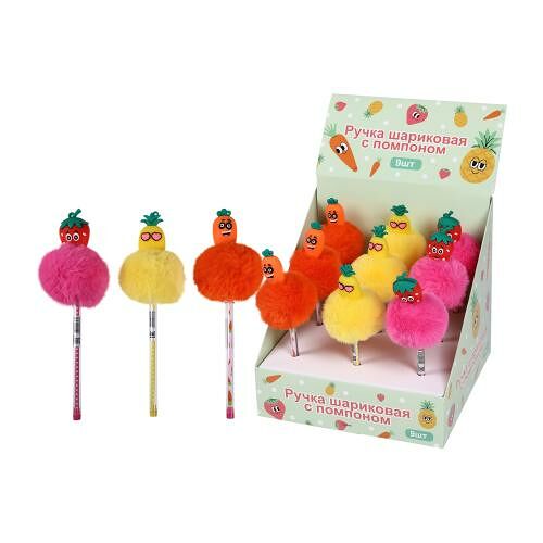 Ручка шариковая 0.7мм синяя с помпоном Фрукты/Овощи в ассортименте