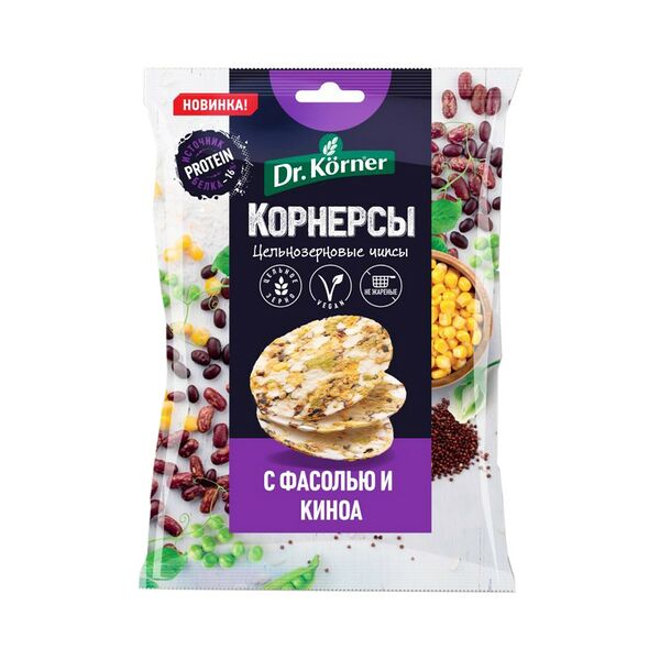 Чипсы цельнозерновые кукурузно-рисовые с горошком, фасолью и киноа,  т.м. 