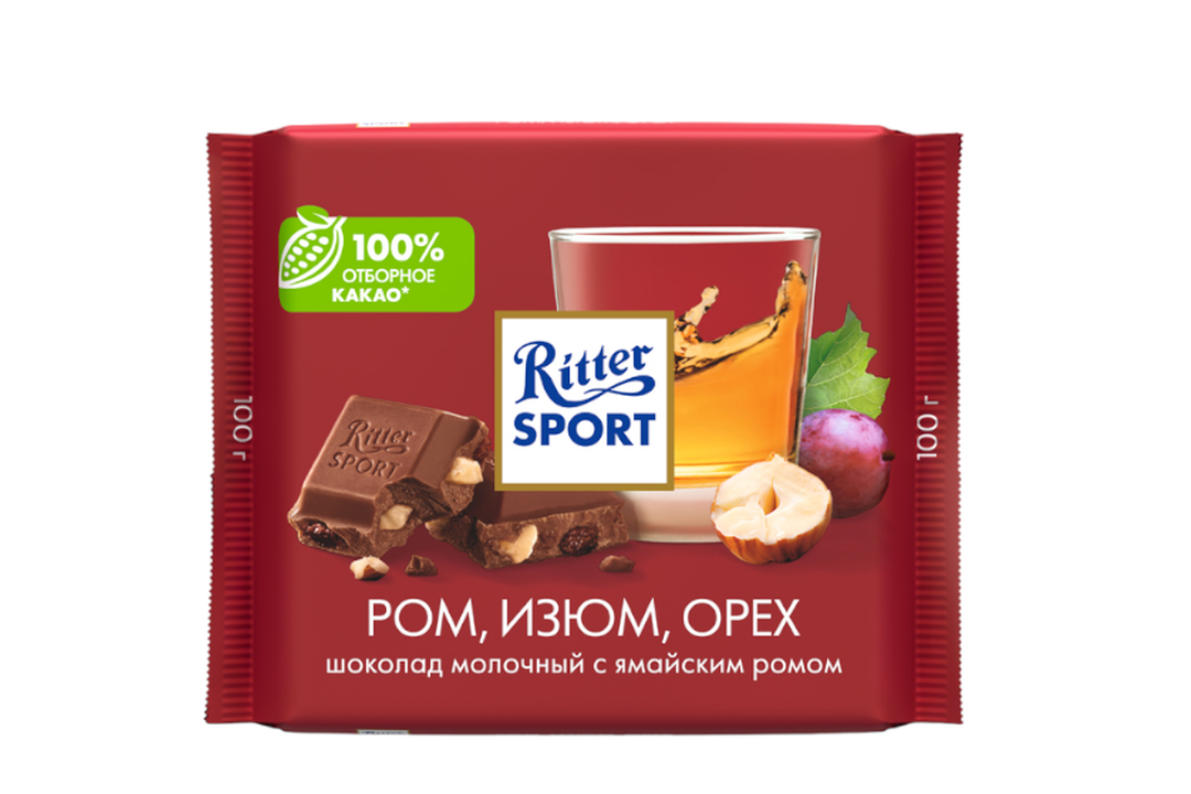 

Шоколад Ritter Sport молочный с ромом, изюмом и орехами 100 г