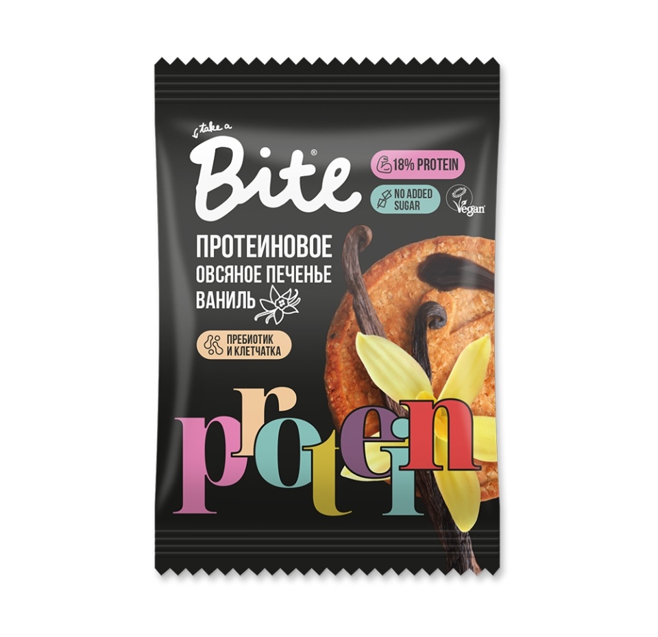

Печенье протеиновое овсяное Protein «Ваниль» без сахара, Bite, 69 г, Россия