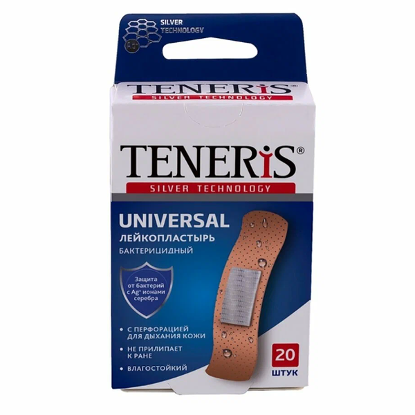 Лейкопластырь Teneris Universal бактерицидный с ионами серебра,20 шт