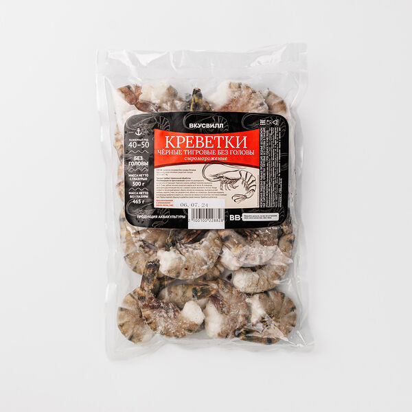 Креветки черные тигровые без головы (Продукт замороженный), 500 г