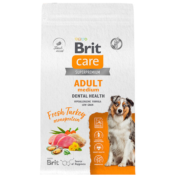 Сухой корм для собак средних пород Brit Care Dog Adult Dental Health с индейкой