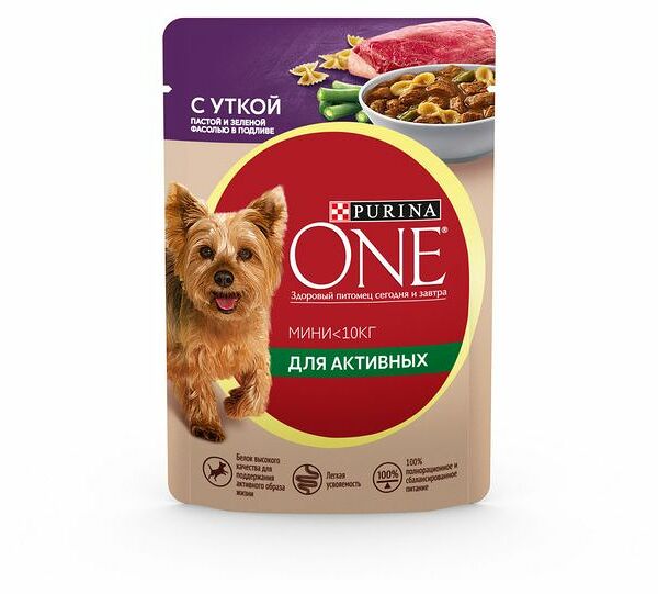 Влажный корм Purina One Mini для собак мелких пород с уткой, пастой и зеленой фасолью в подливе, 85г
