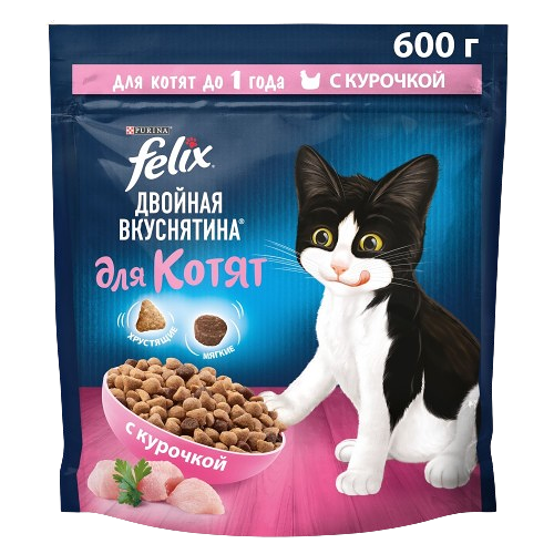 Сухой корм Felix Двойная Вкуснятина для котят до года, с курочкой, Пакет, 600 г