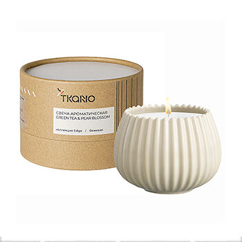 Свеча ароматическая Green Tea & Pear Blossom, цвет бежевый, коллекция Edge, Tkano, 8х6.5 см, Россия