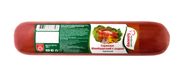 

Колбаса варено-копченая Кузбасский Бройлер Сервелат Швейцарский с сыром 340 г