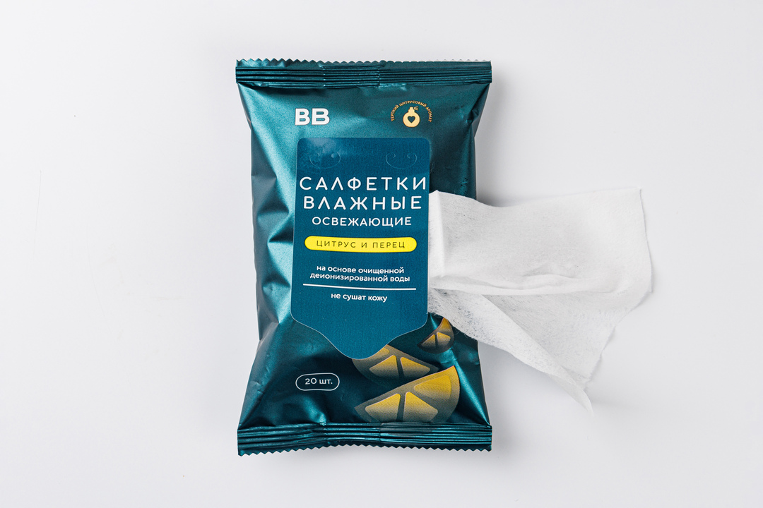 

Салфетки влажные ВкусВилл освежающие Цитрус и перец 20 шт.