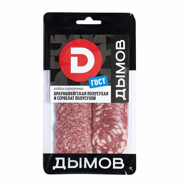 Колбаса Дымов Сервелат, Брауншвейгская, сырокопченая, нарезка, 90 г