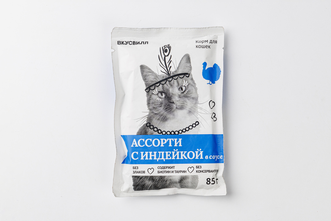 

Корм для кошек ВкусВилл Ассорти с индейкой в соусе 85 г