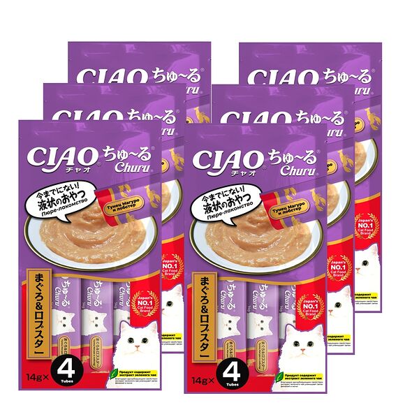 Лакомство для кошек INABA Чао Чуру тунец магуро с лобстером пюре 14гх4 (упаковка - 6 шт)