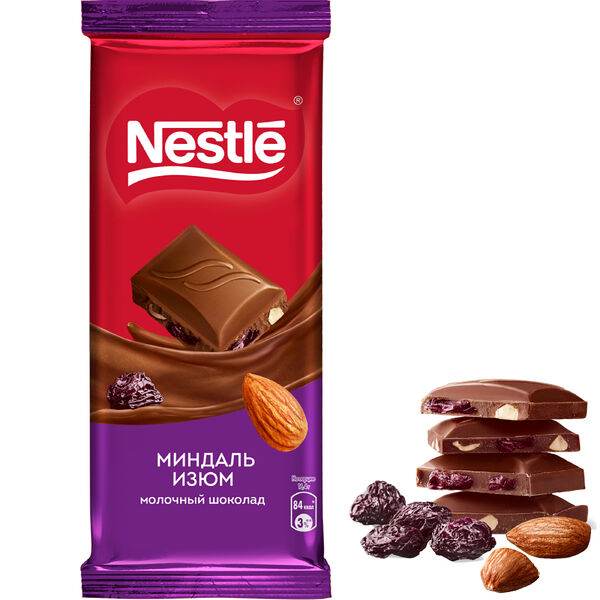 Nestle. Молочный шоколад с миндалем и изюмом вес 82 г