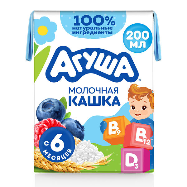 Каша жидкая Молочная Злаковая Агуша Укрепляй-ка Черника-Малина-Яблоко 200мл с 6 месяцев