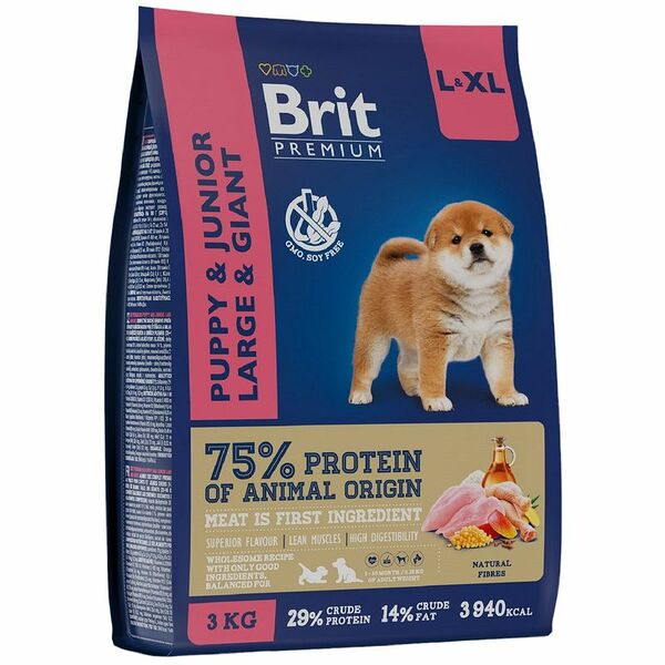 Сухой корм для щенков крупных и гигантских пород Brit Premium Puppy&Junior с курицей 3 кг