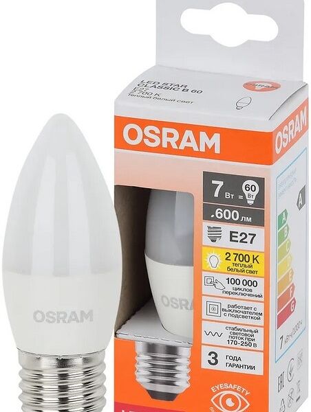 Лампа светодиодная Osram Led Свеча 7Вт Е27 теплый свет