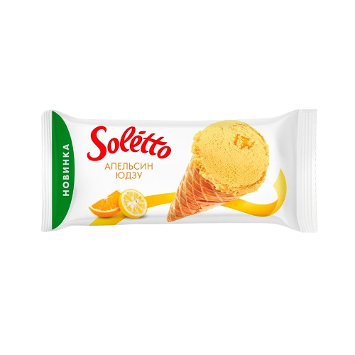 Мороженое молочное Soletto Апельсин Юдзу с аром апельсина, наполн из юдзу и глазур жир в ваф сахарн рожке 75г  пачка
