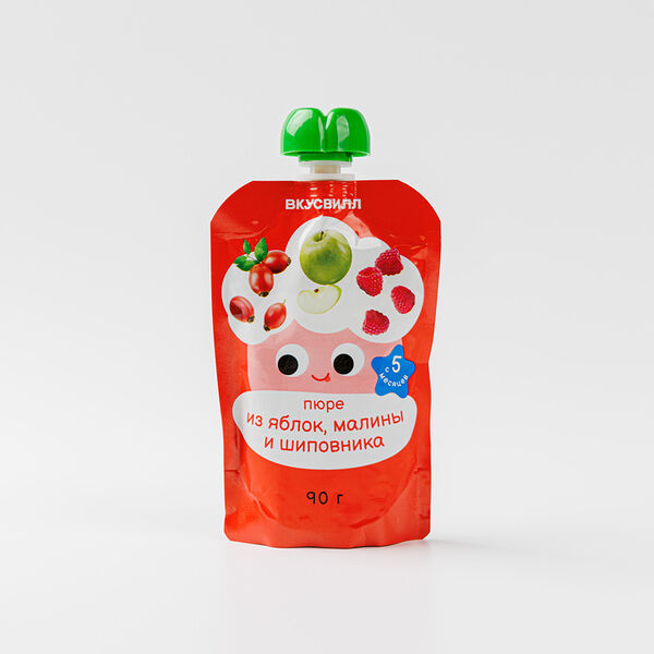 Пюре из яблок, малины и шиповника, 90 г