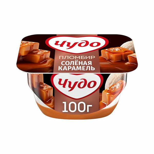 Десерт творожный Чудо Творожок взбитый со вкусом пломбира с наполнителем соус соленая карамель 4.2% 100 г